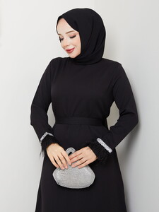 Tüy ve Taş Detaylı Elbise Siyah #4