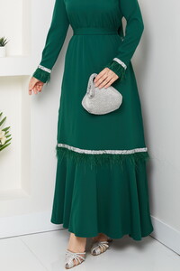 Tüy ve Taş Detaylı Elbise Zümrüt #4