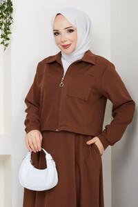 Önü Fermuarlı Etekli Takım Kahve #3