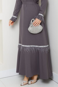 Tüy ve Taş Detaylı Elbise Gri #4