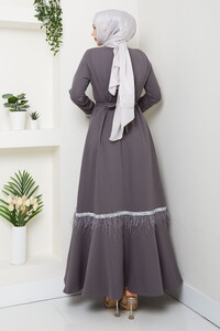 Tüy ve Taş Detaylı Elbise Gri #5