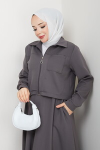 Önü Fermuarlı Etekli Takım Gri #3