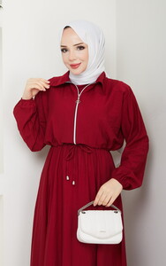 Önü Fermuarlı Elbiseli Takım Bordo #3