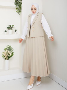 Üçlü Yelekli Etekli Takım Krem #2