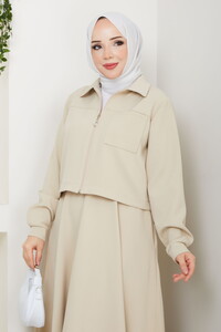 Önü Fermuarlı Etekli Takım Krem #3