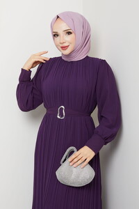 Kemer Detaylı Şifon Abiye Mor #3