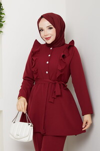 Fırfır Detaylı Pantolonlu Takım Bordo #3