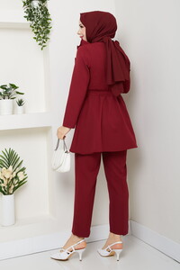Fırfır Detaylı Pantolonlu Takım Bordo #5