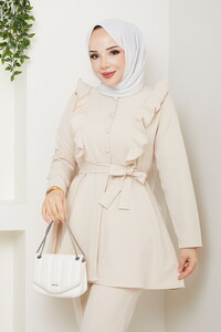 Fırfır Detaylı Pantolonlu Takım Krem #3