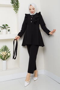 Fırfır Detaylı Pantolonlu Takım Siyah #2