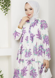 Mimoza Çiçek Desenli Elbise Mor #3