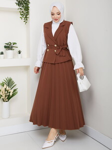 Üçlü Yelekli Etekli Takım Kahve #2