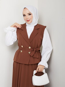 Üçlü Yelekli Etekli Takım Kahve #3