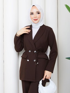 İp Bağlamalı Blazer Ceket Takım Kahve #3