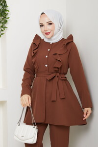 Fırfır Detaylı Pantolonlu Takım Kahve #3