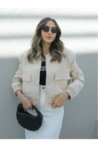 Scuba Puf Kumaş Mevsimlik Astarsız Bomber Ceket Bej #3