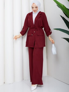 Bağlamalı Keten Pantolonlu Takım Bordo #3