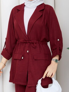 Bağlamalı Keten Pantolonlu Takım Bordo #4