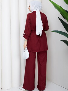 Bağlamalı Keten Pantolonlu Takım Bordo #5