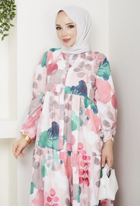 Yaprak Desenli Elbise Zümrüt&Pembe #3
