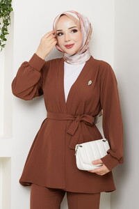 Kemer Detaylı Pantolonlu Takım Kahve #3