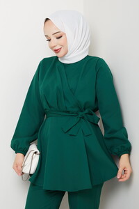 Drape Detaylı Pantolonlu Takım Zümrüt #3