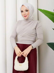 Omuzdan Büzgülü Sandy Bluz Takım Vizon #3