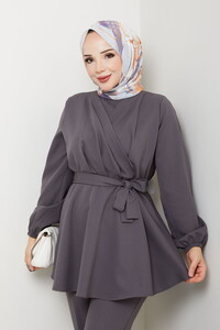 Drape Detaylı Pantolonlu Takım Gri #3