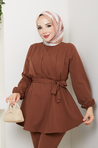 Drape Detaylı Pantolonlu Takım Kahve #3