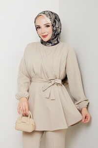 Drape Detaylı Pantolonlu Takım Krem #3