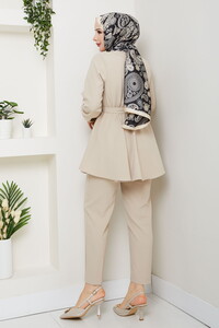 Drape Detaylı Pantolonlu Takım Krem #5