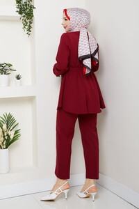 Drape Detaylı Pantolonlu Takım Bordo #5