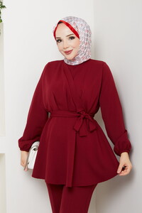 Drape Detaylı Pantolonlu Takım Bordo #3