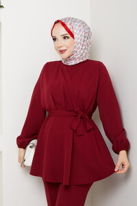 Drape Detaylı Pantolonlu Takım Bordo #4