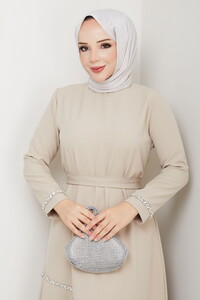 Taş Detaylı Tesettür Elbise Krem #3