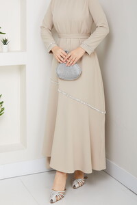 Taş Detaylı Tesettür Elbise Krem #4