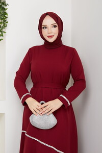 Taş Detaylı Tesettür Elbise Bordo #3