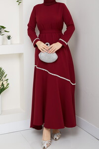 Taş Detaylı Tesettür Elbise Bordo #4
