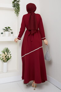 Taş Detaylı Tesettür Elbise Bordo #5