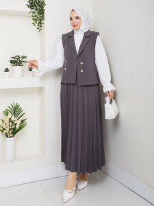 Üçlü Yelekli Etekli Takım Gri #2