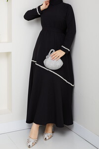 Taş Detaylı Tesettür Elbise Siyah #4