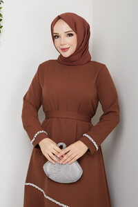 Taş Detaylı Tesettür Elbise Kahve #3
