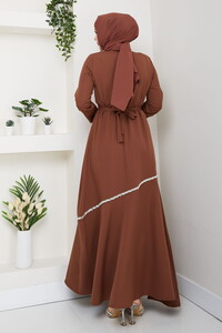 Taş Detaylı Tesettür Elbise Kahve #5
