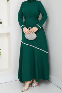 Taş Detaylı Tesettür Elbise Zümrüt #4
