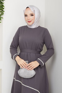 Taş Detaylı Tesettür Elbise Gri #3