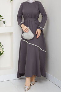 Taş Detaylı Tesettür Elbise Gri #4